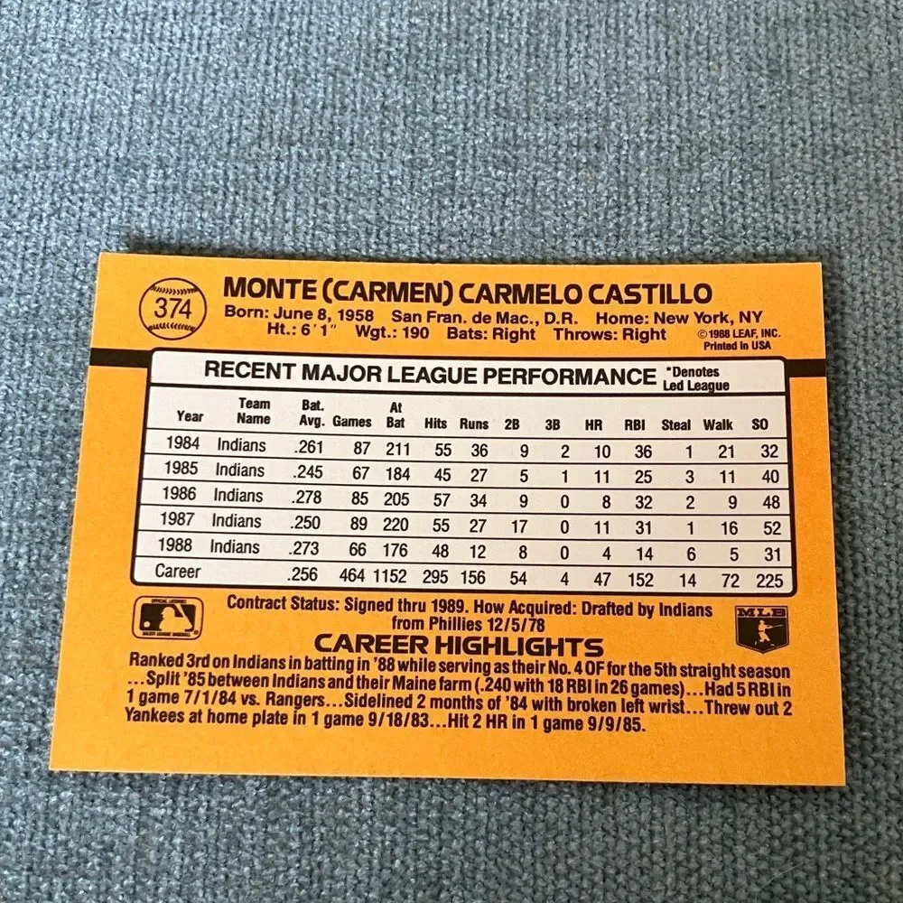 1989 Donruss Cleveland Indians Baseball Card Trading Card